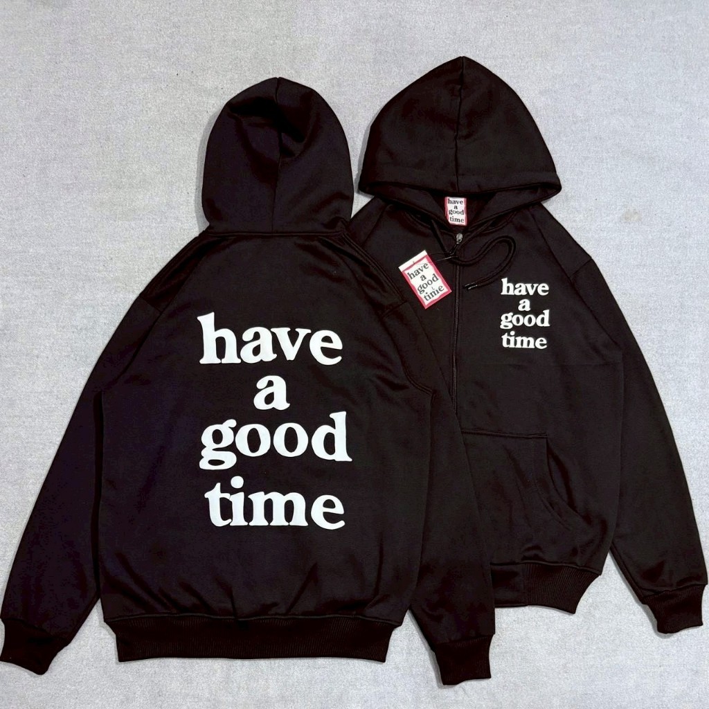 JAKET HOODIE ZIPPER HAGT HAVE A GOOD TIME TYPE BLACK PREMIUM