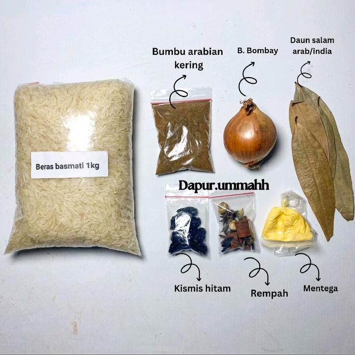 

paket hemat 1kg dan 500gr beras bumbu kebuli, mandhi, kabsah, briyani, bukhori dan kabsah plus beras basmati 1kg dan 500gr - bumbu kebuli, beras basmati 1kg, lengkap+bombay+kismis