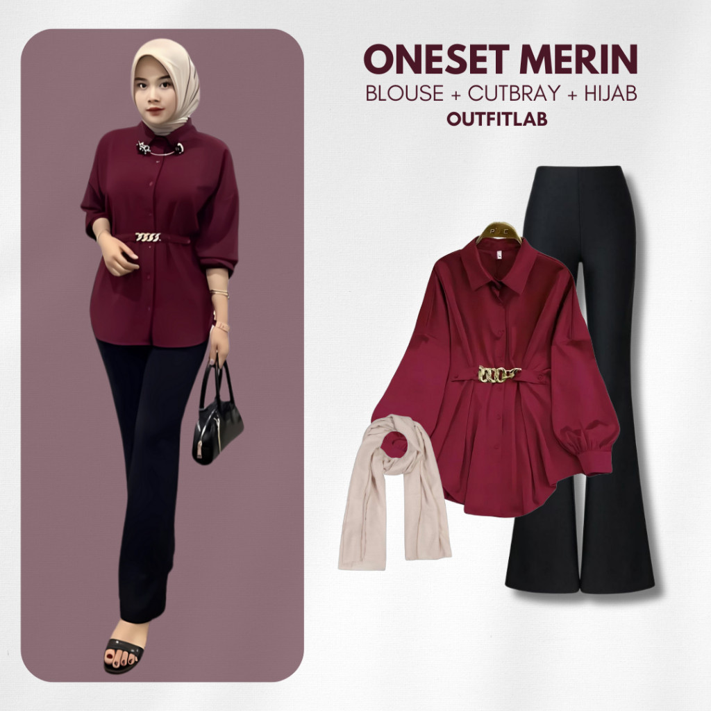 Outfit Set Merin Setelan Wanita ( Blouse + Cutbray + Hijab ) One Set OOTD Hijab Remaja Ala Korea