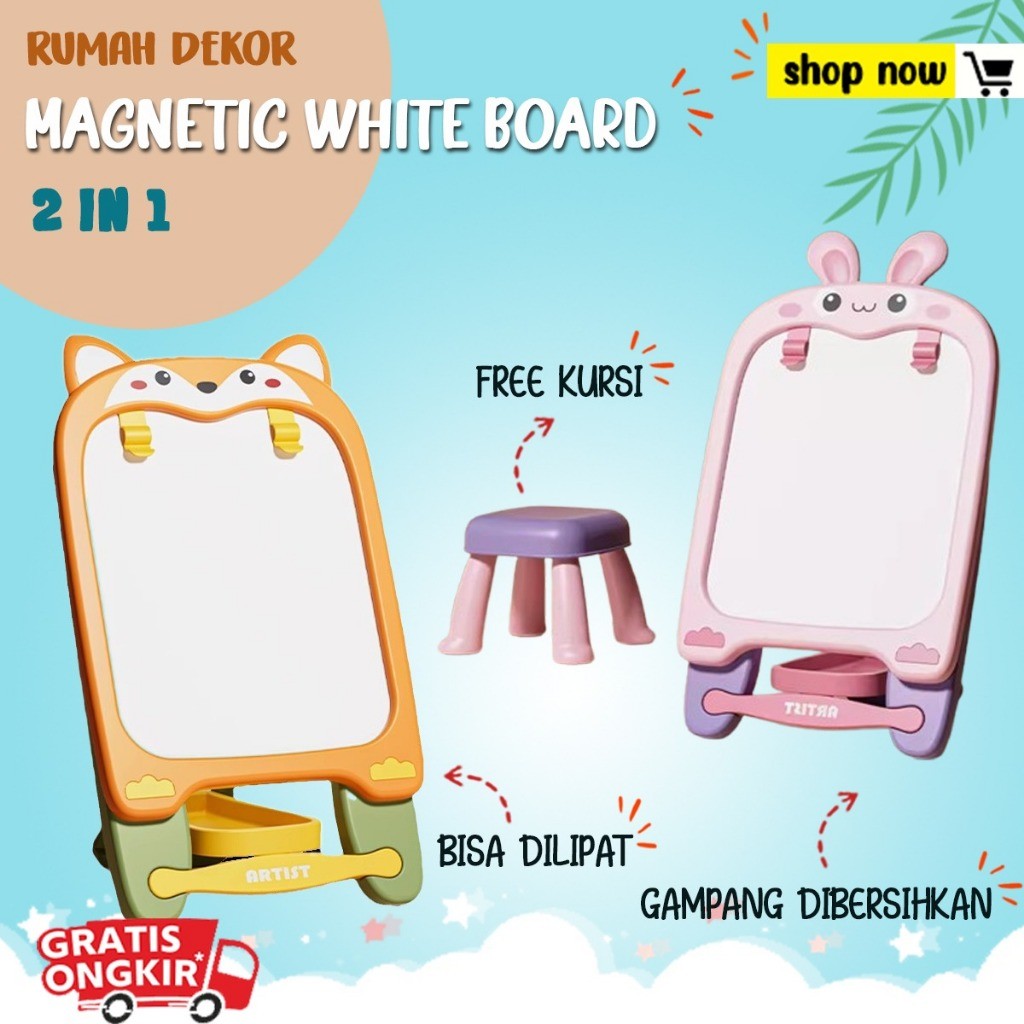 

New Mainan Anak Papan Tulis Magnetic White Board FREE 1 Set alat Lukis Spidol+10pcs Kapur Warna warniPremium