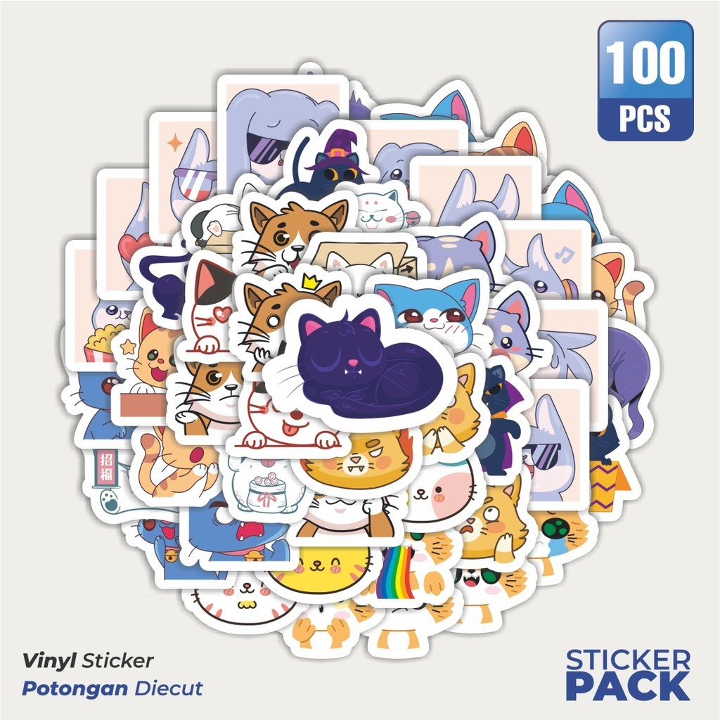 

100 PCS STIKER Sticker Kucing Lucu Cute Kawaii Sticker Waterproof Aesthetic- Untuk Laptop, Motor, dan Helm - Paper Stationery Pack
