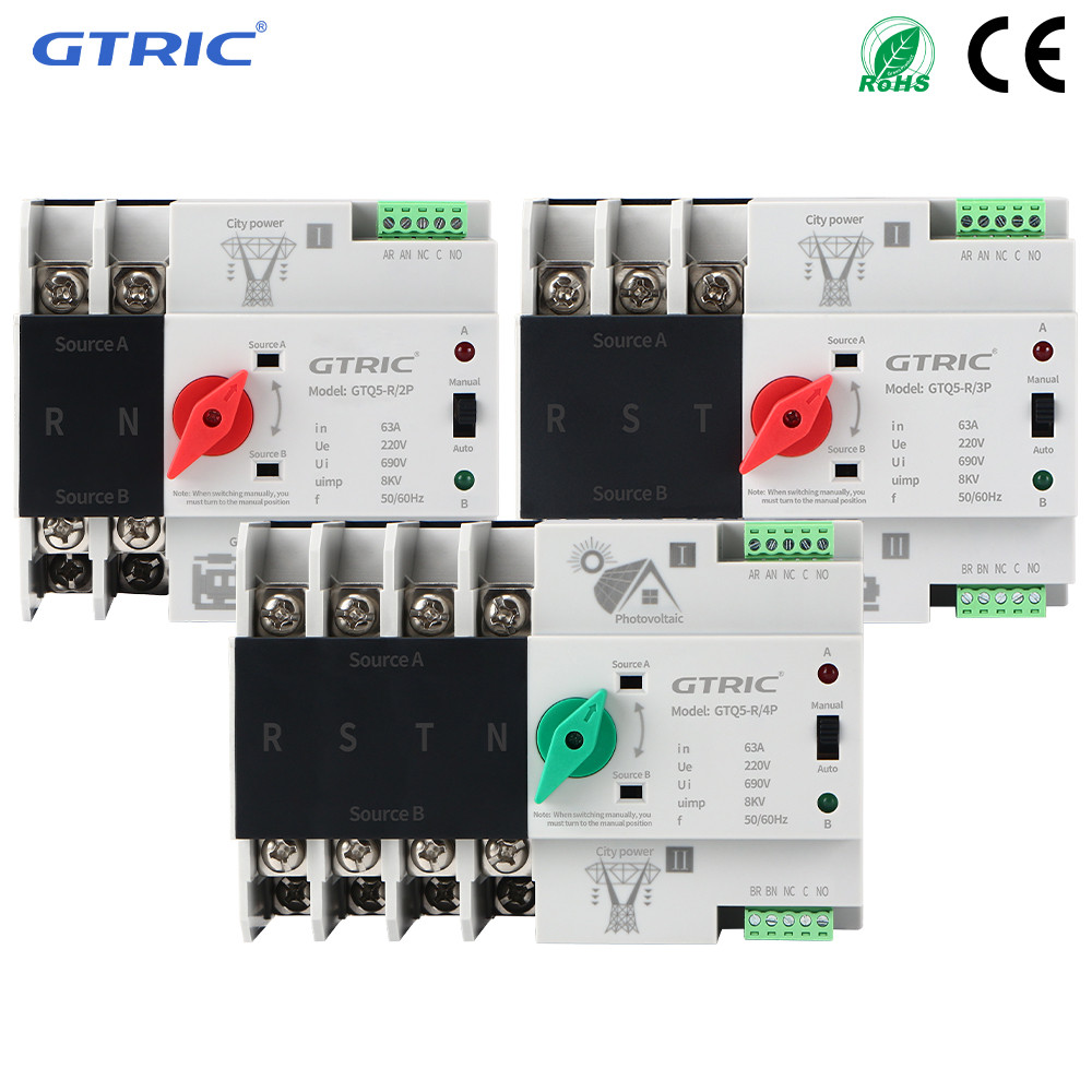 GTRIC Dual Power Automatic Transfer Swit  2P 3P 4P Din Rail 220V AC 63A 100A Selector Swit es Uninte