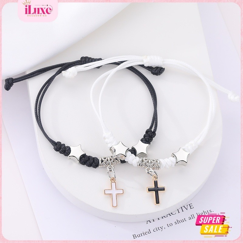 COD Gelang Couple Tali Korea Couple 2 PCS Pasangan Warna Hitam Putih Salib Natal Keberuntungan