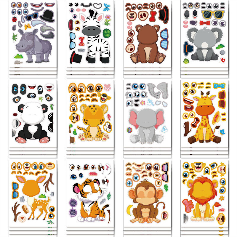 

Make a face Stickers for Kids Toddlers Cartoon Safaris Animals Puzzle Stickers DIY Crafts Children's Enlightenment Cognition Toy