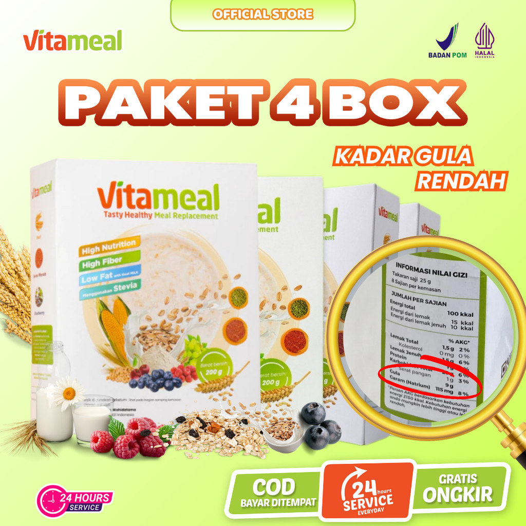 

[ SOLUSI DIET DIABETES ] Vitameal Sereal Promo 4 Box Herbal Sehat Diformulasikan Khusus untuk Penderita Diabetes dan Kolesterol Tinggi, Menjaga Stamina Tubuh Tanpa Mengganggu Keseimbangan Gula Darah dengan Rasa Nikmat dan Bergizi VITAMIEAL SUPERFOOD