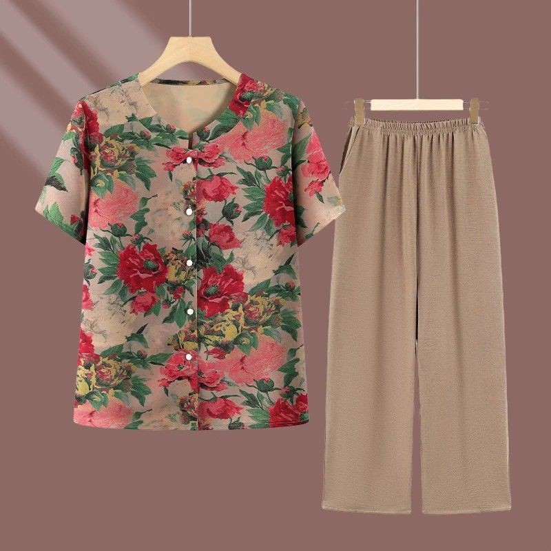 Baju musim panas ibu, set dua potong lengan pendek, baju atasan nenek, set baju kemeja untuk nenek.