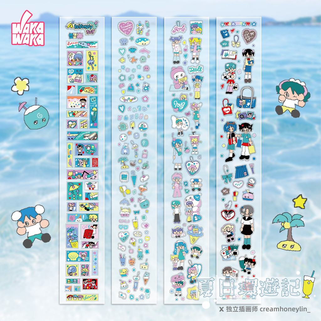 

WAKAWAKA Doodle Character Sticker Roll PET Summer Journey Sticker Tapes Cute Scrapbook Journal Washi Tape Decor Supplies