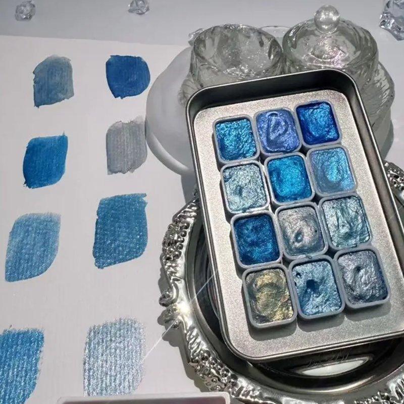 

Beautiful Solid Watercolor Set Paint Flash Pearlescent Metal Box Colours Set for Art Painting Nail Gifts