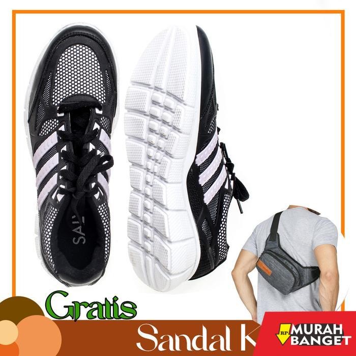 sepatu sneakers laki-laki sepatu skechers gratis tas selempang pria - Hitam, 39
