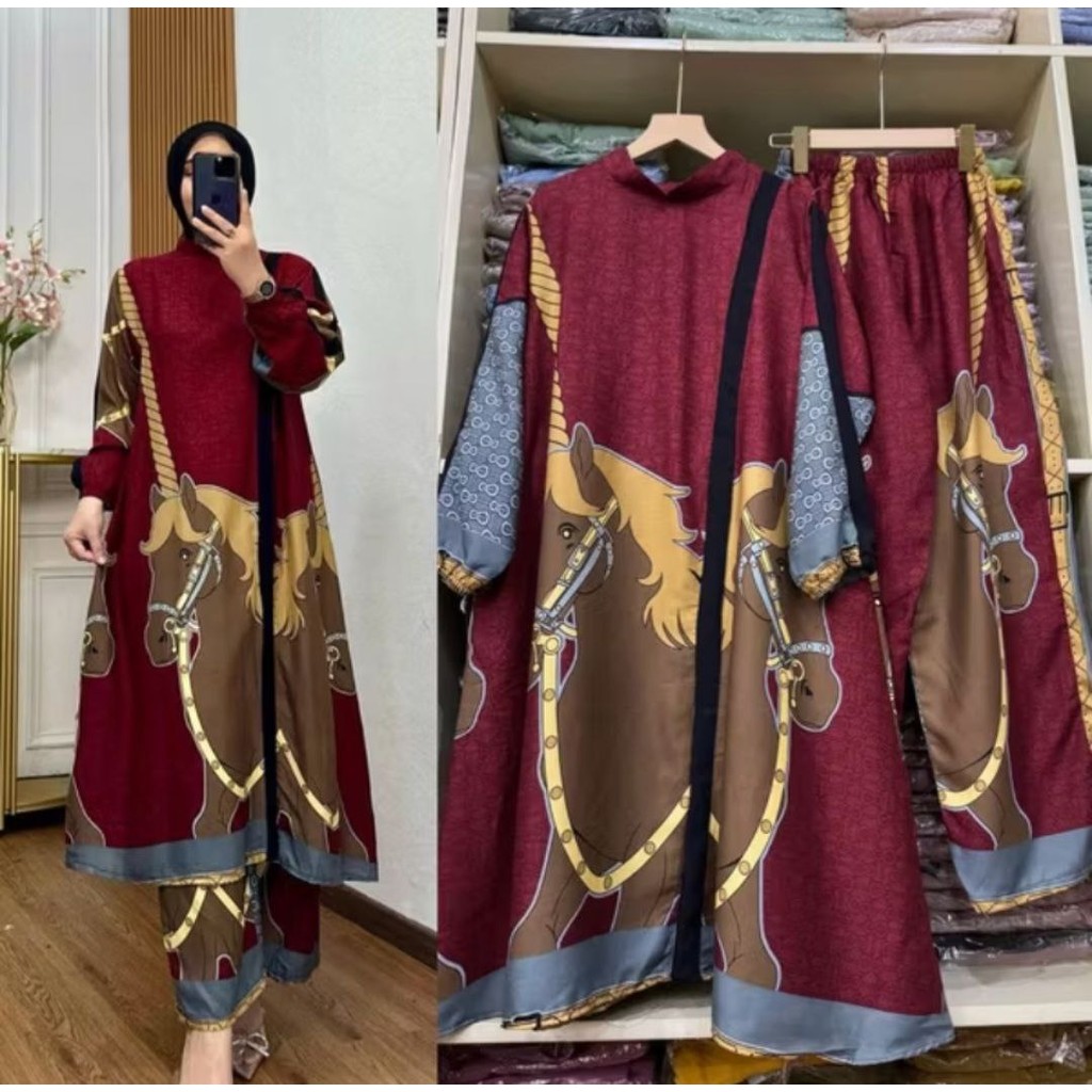 Setelan Long Tunik Wanita Muslim Terbaru Bahan Rayon Adem Busui Frendly Busana Baju Setcel One set T