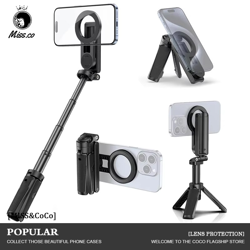 Magnetic Phone Tripod Wireless Phone Grip Selfie Stick Desktop Tripod for iPhone 16 15 14 13 12 Pro 