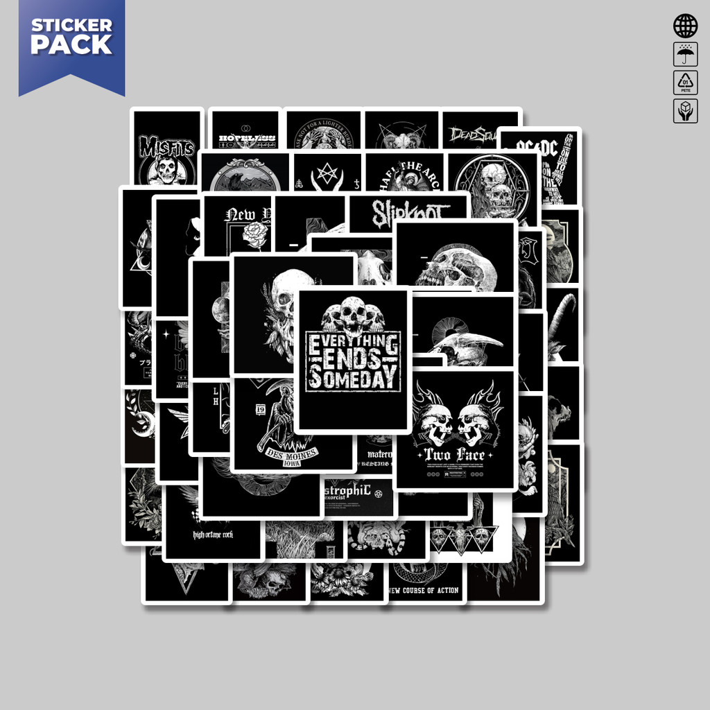 

[100PCS]Stiker Pack Stiker Black And White Metal TShirt Design Mix [Desain Kaos Metal Hitam Putih] Aesthetic Vinyl Anti Air Dekorasi Sticker Laptop Buku Journal Koper Helm Casing HP Gitar Helm Skateboard