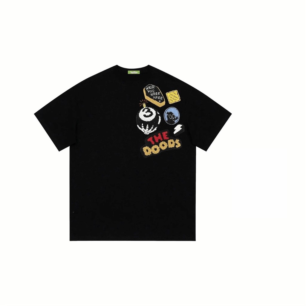 Kaos Unisex Motif Patch “THE DOODS”, Katun, O - neck, Hitam/Putih, Semua Ukuran