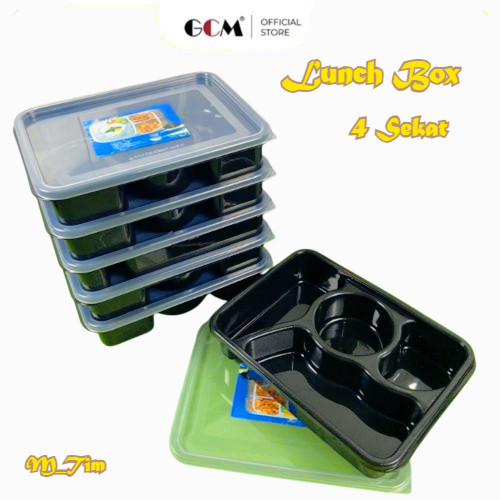 Lunch Box Kotak 4 Sekat Besar 1000ml – Tempat Bekal dengan Tempat Sup – Anti Tumpah Hitam – Tempat M