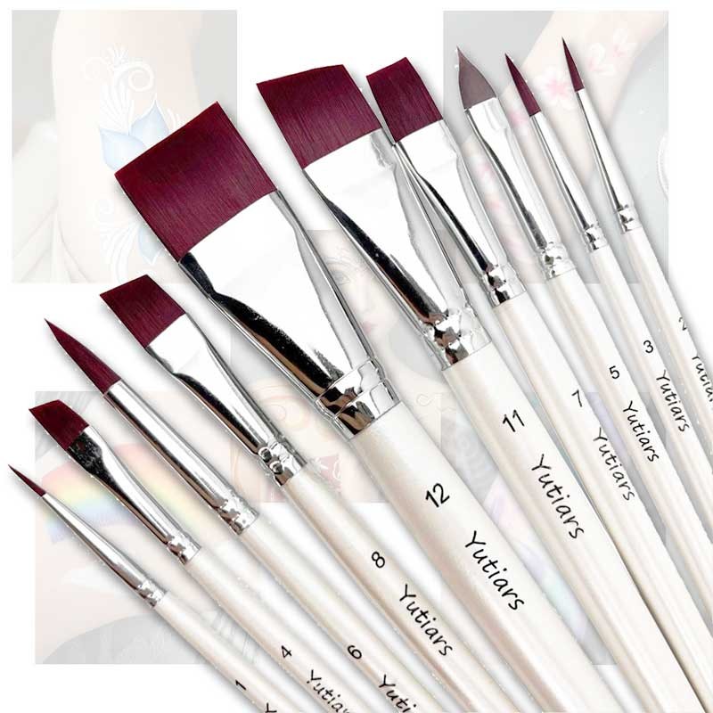 

10pcs Professional Artist Paint Brush Set, White Handle, Nylon Bristles,Flat & Angled Brushes for Face Painting, Watercolor