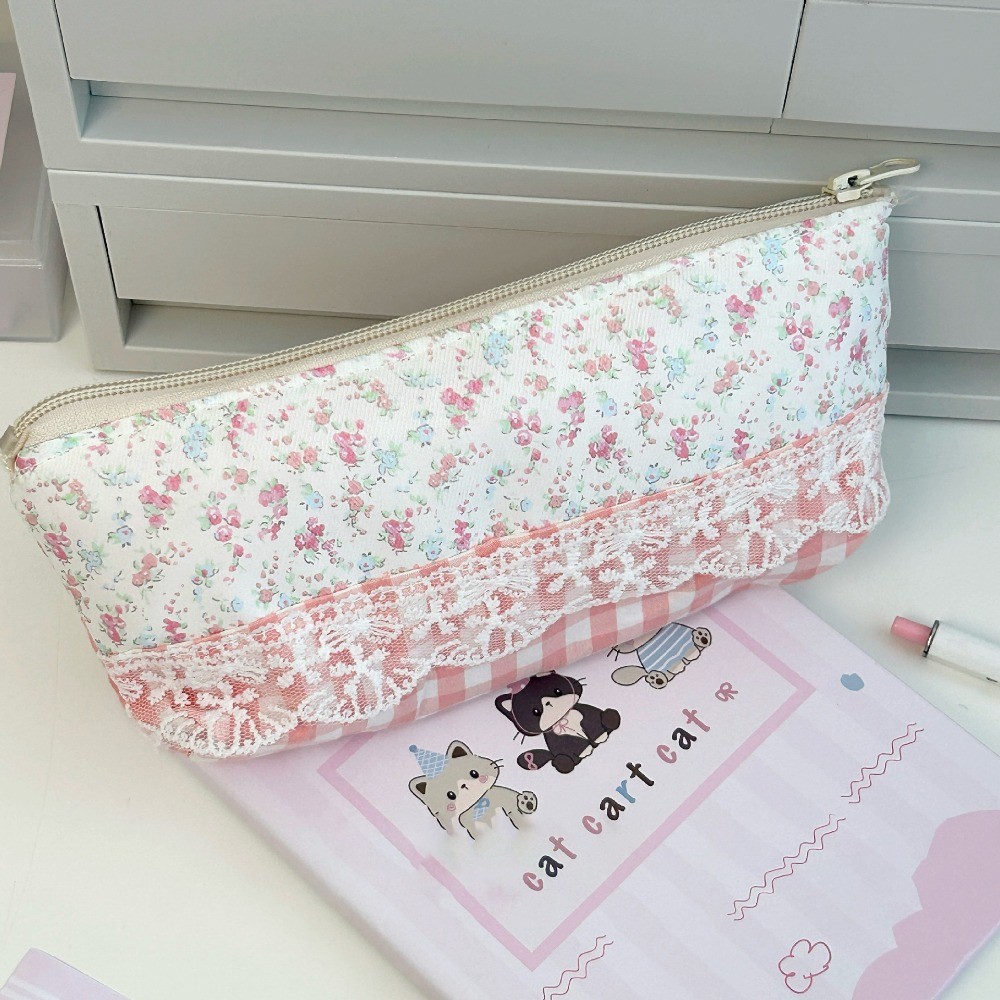 

High Quality Lace Floral Design Pen Bag Large Capacity Multifunctional Stationery Bag Pencil Case Students