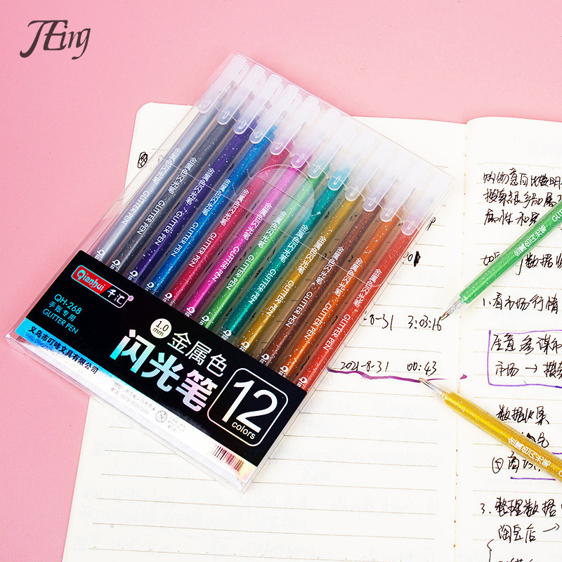 

12 Colors Glitter Gel Pens 1.0MM Color Gel Pen For School Office Coloring Book Journals Drawing Doodling Art Marker Pen