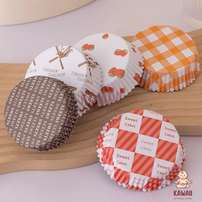 KS Paper Cup Case Roti Bulat Motif Kincir Strawberry Laminating Anti Lengket / Cup Cake Anti Minyak 
