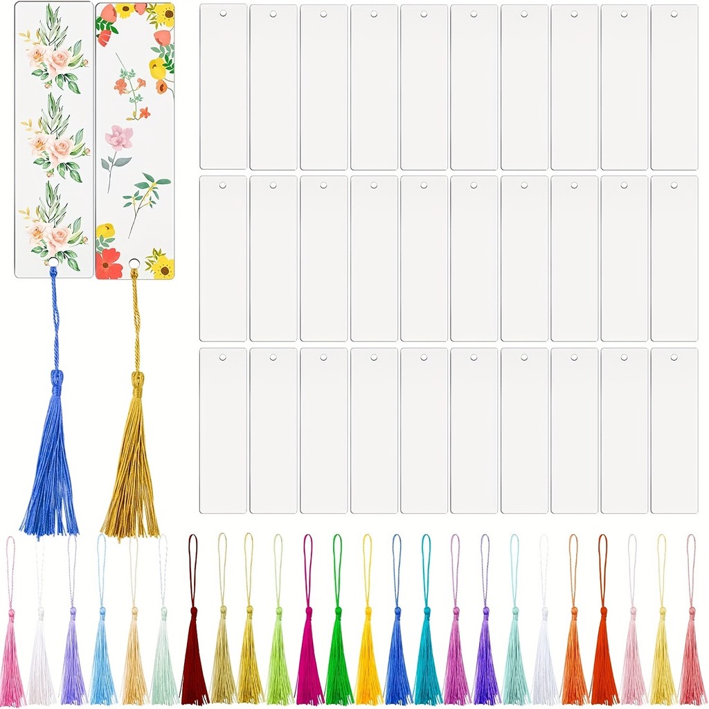 

30PCS Transparent Blank Acrylic Rectangular Bookmark Pendants with Long Tassels, DIY Bookmark Decorations, Gift Tags
