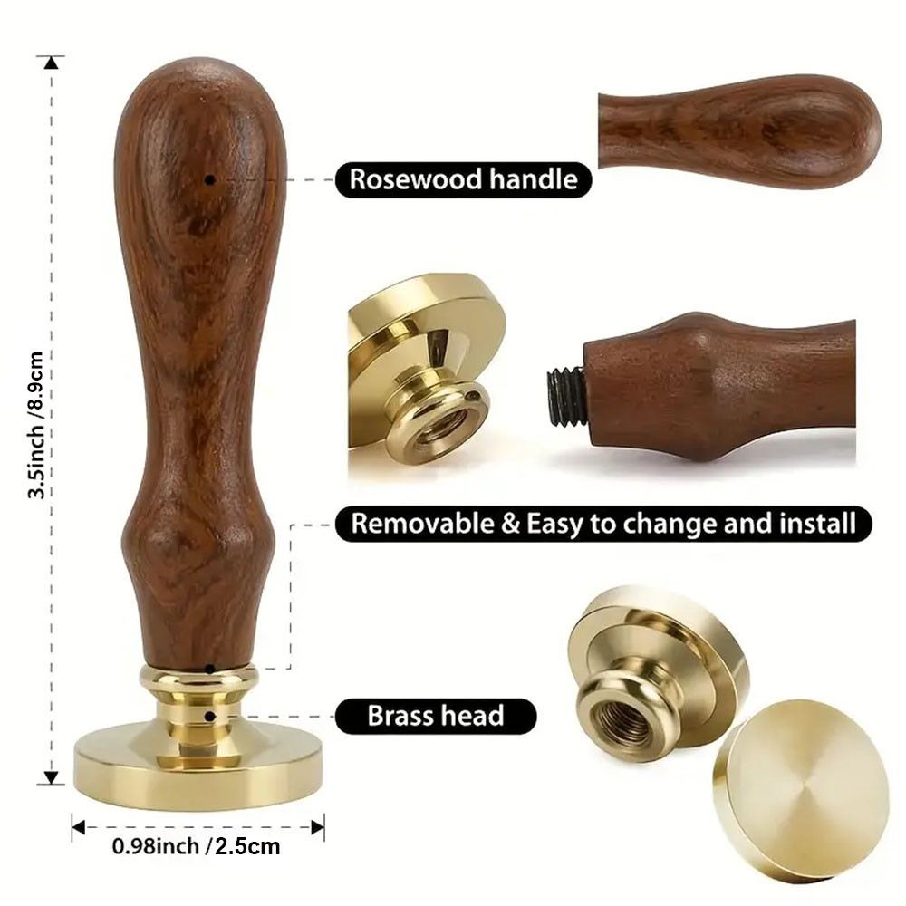 

Blank Wax Seal Stamp Set Vintage Removable Brass Head Wood Handle Sealing Wax Stamp Round without Engraving Logo for Wedding