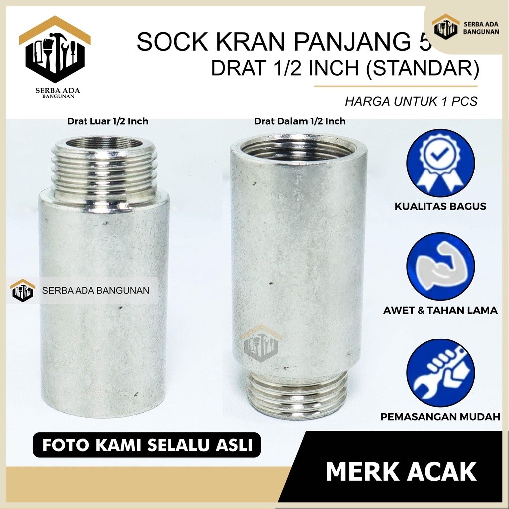 SAB Sok Kran Drat Luar Dalam 1/2 Inch Inci Panjang Pendek Kuningan Sock Sambungan Keran Nepel Pipa 1
