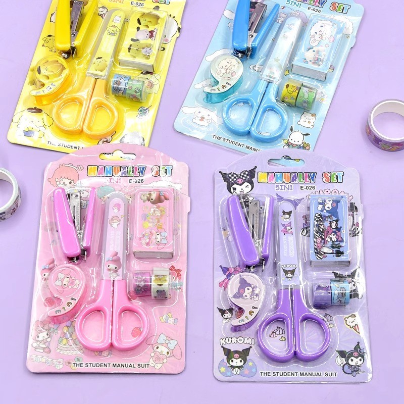 

Cartoon Stationery Set Kuromi Kitty Stapler Tape Combination School Student Supplies Home Book Binding Machine Stapler