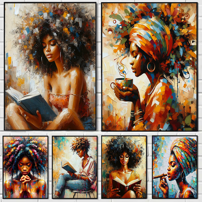 

Colorful Abstract African Black Woman Girl Reading Books Poster Canvas Painting Wall Art Pictures Home Interior Decor Gift