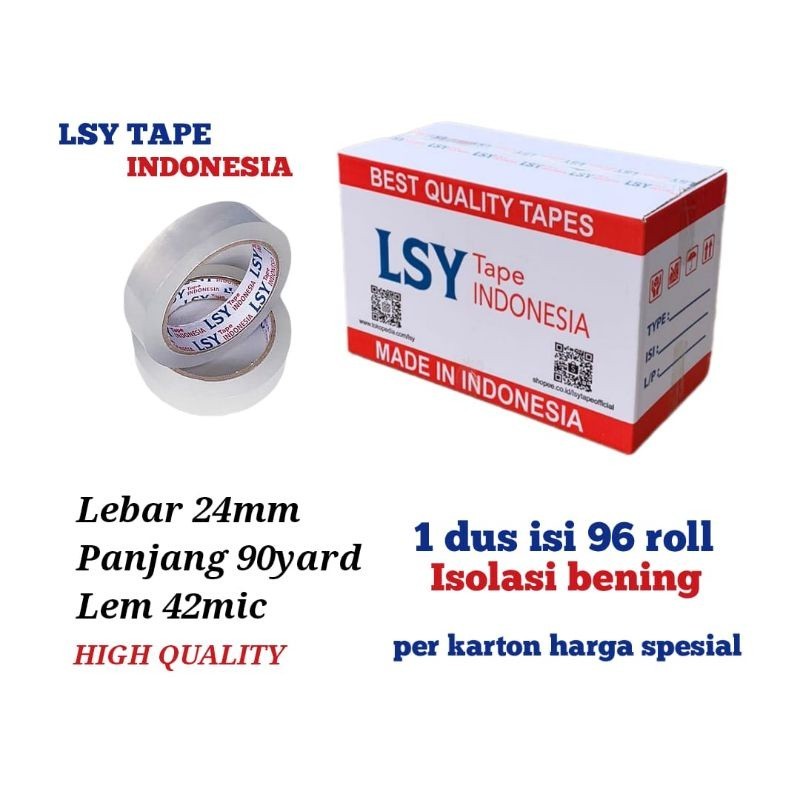 

lakban bening / isolasi bening 24mm x 90yard full 1 dus isi 96 roll LSY TAPE INDONESIA