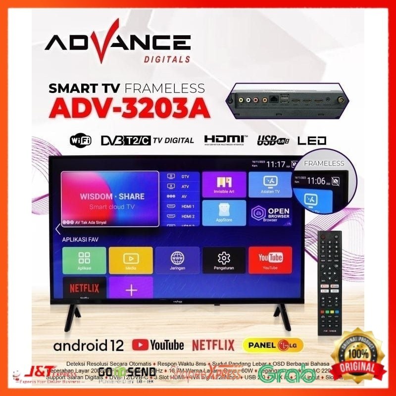 TV DIGITAL LED 32 Inch ADV-3203A Panel LG Android TV Advance GARANSI 1 TAHUN