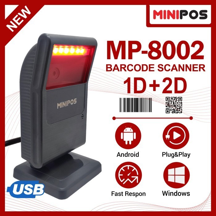 Barcode Scanner 1D+2D MINIPOS MP-8002 OMNI Auto Scan QRCode Kabel USB