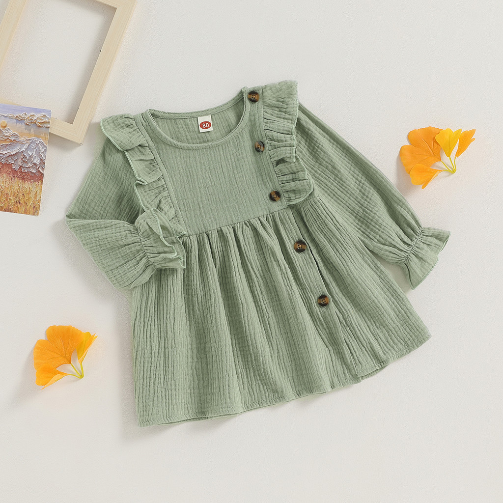Cotton Linen New Baby Girls Dress Autumn Casual Solid Long Sleeve Crew Neck Buttons A-line Dress for