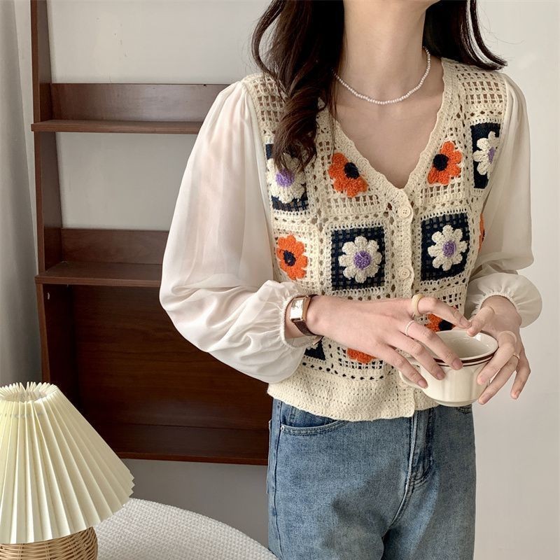 Granny Square Crochet Button-up Top Long Sleeve Sheer Open-knit Crop Cardigan for Women Teengirl Fai