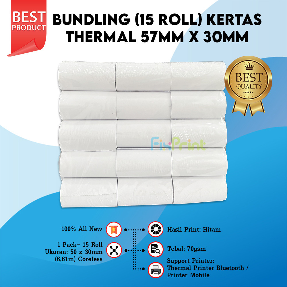 

Dck Paket 15 Roll Kertas Struk Kasir ukuran 57mm x 30mm 57 mm x 30mm Printer Thermal Iware 58mm EDC