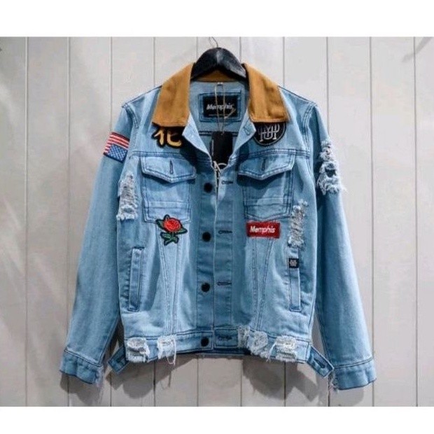NOTHING NAME JAKET JEANS PRIA DILAN KERAH COKLAT MODEL COWOK TEMPEL SOBEK BORDIR EMBLEM TERBARU TERL