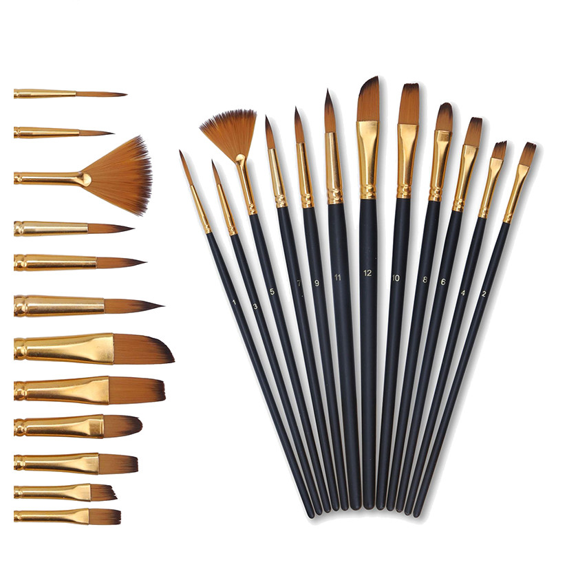 

Multi-functional Watercolor Gouache 12 Pcs Short Wood Rod Oil Painting Brush Set Art Tool Beginner Nylon Hair Acrylic Materials
