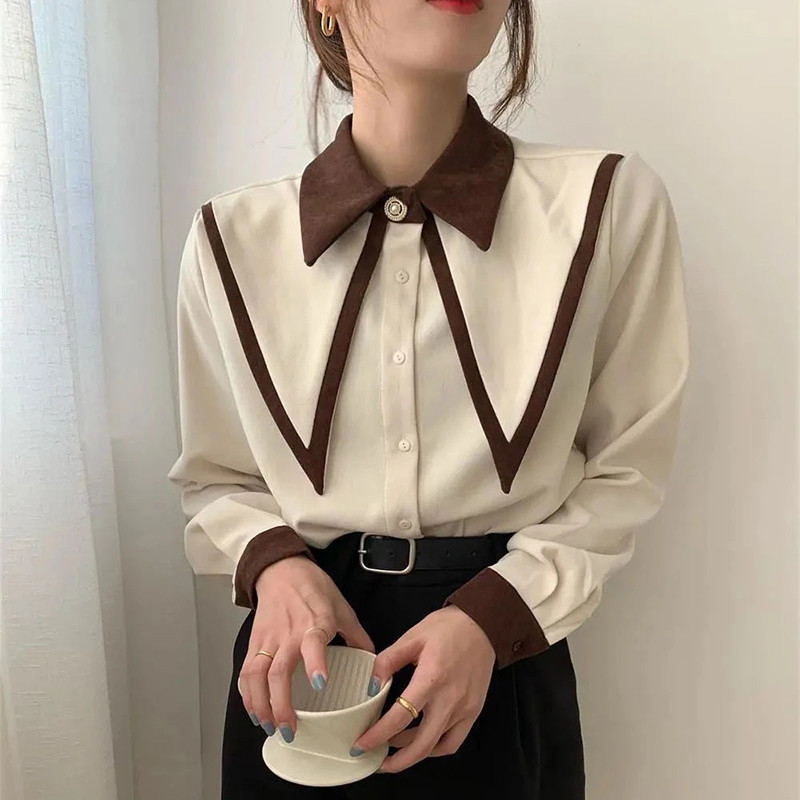

MEXZT Vintage Chiffon Shirts Women Elegant Patchwork Long Sleeve Blouses Office Lady Korean Black Turn Down Collar Casual Tops