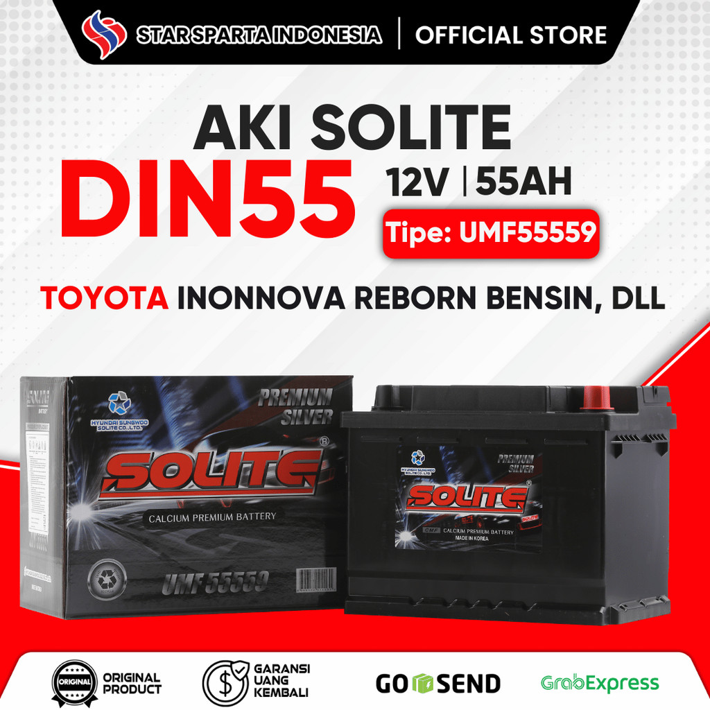Solite - Aki DIN55 - 12V 55Ah untuk Toyota Innova Reborn Bensin