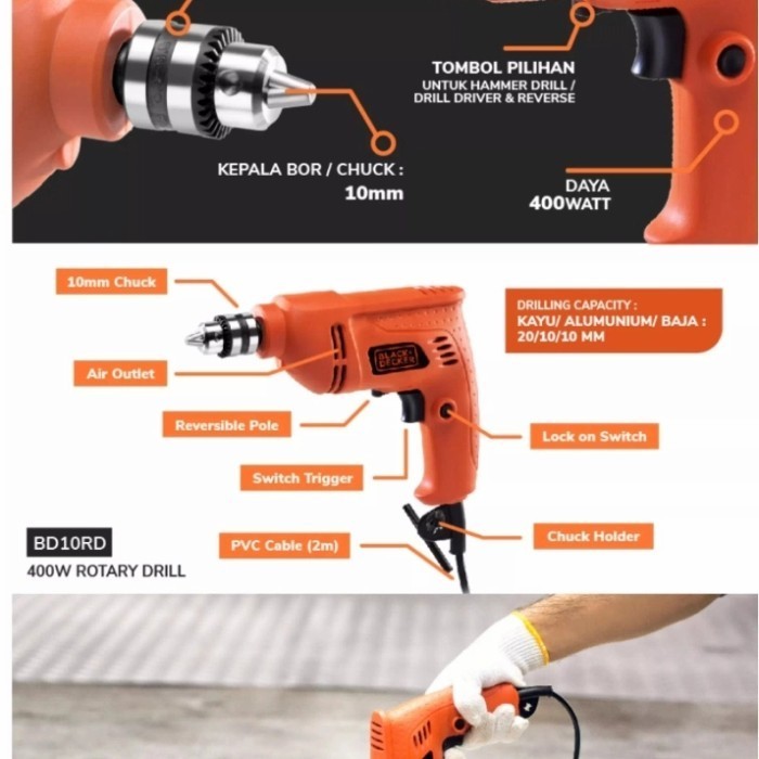 Black Decker BD10RD Mesin Bor 400W 10mm Rotary Drill