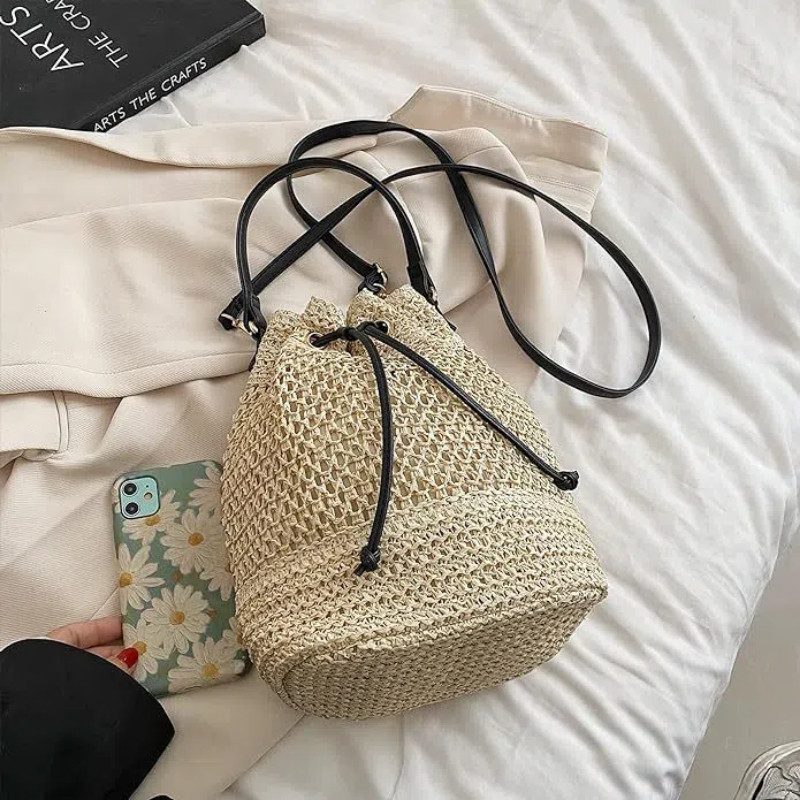 Women's Straw Woven Bag Straw Bucket Bag Hand Woven Drawstring Beach Crossbody Bag Rattan Woven Shou