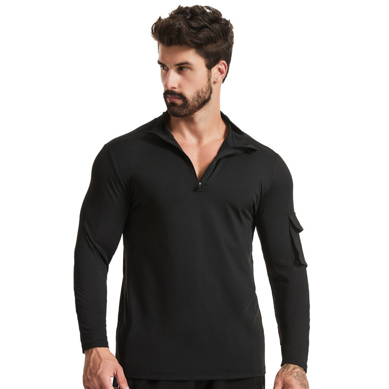 Man Running T-shirt Quick Dry Long Sleeve Sport Top With Pocket Men Fitness Half Zipper Mountaineer 