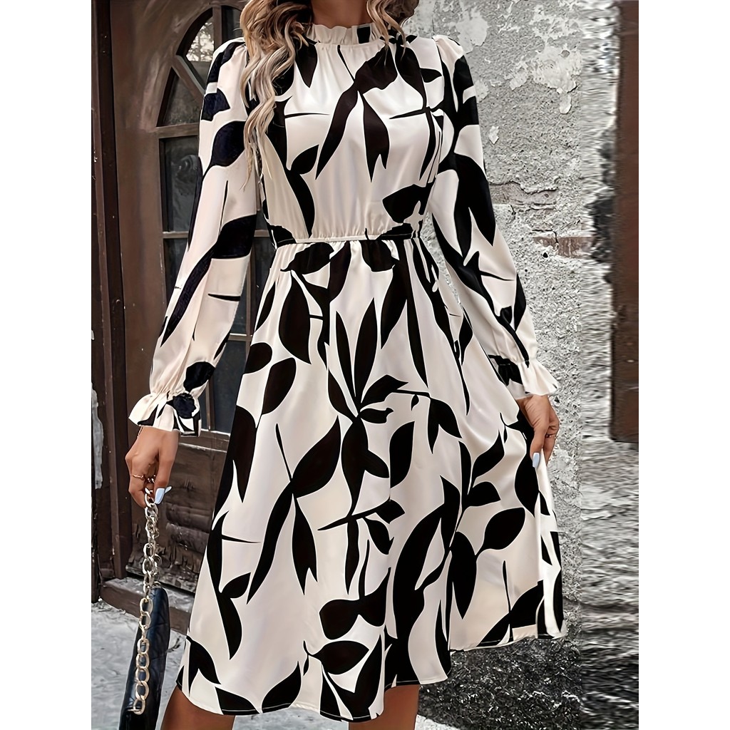 

Autumn New Elegant Women Print Dress Casual Fashion Turtlneck Long Sleeve Vacation Long Dresses