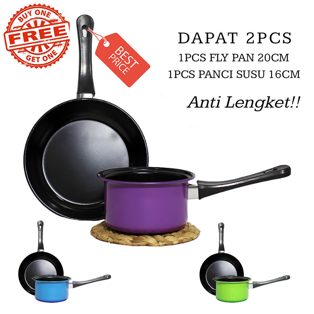 Satu Set Panci Teflon Panci Set Frypan Anti Lengket Teflon Panci Susu Teflon 2in1 Panci Wajan Gagang