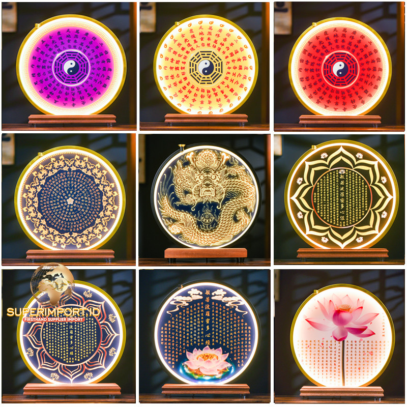 LED Ring Light Buddha statue background  lamp round backlight heart sutra lamp holder solid wood wor