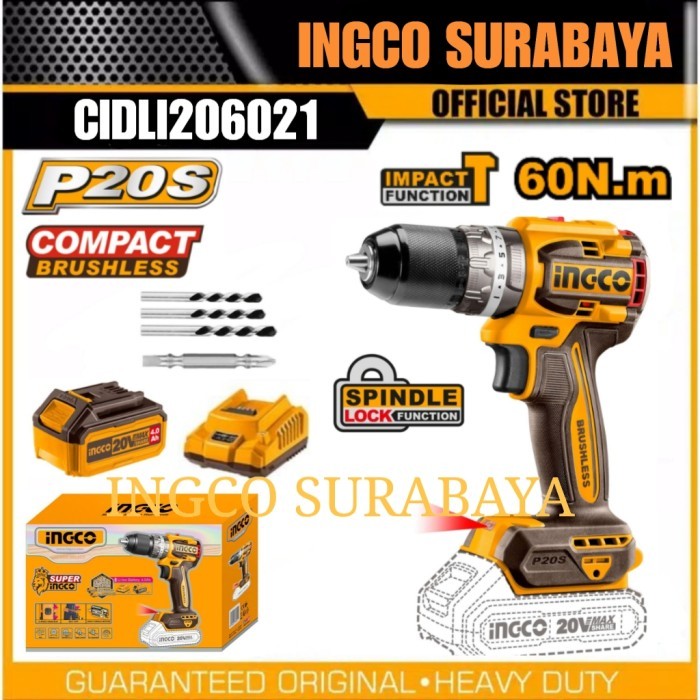 INGCO CIDLI20602 IMPACT DRILL 13MM CORDLESS BRUSHLESS BOR BATERAI KAYU