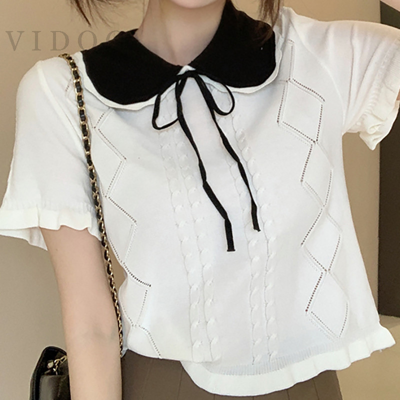 Gaya Manis Lengan Pendek Leher Boneka Top Leher Pakaian Rajut Pakaian Rajut Warna Kontras