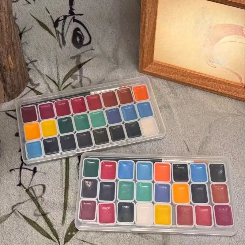 

1 set of 24 colors of traditional Chinese painting solid pigments with brush, special packaging for traditional Chinese painting