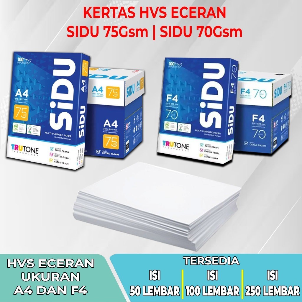 

[BISA INSTANT & COD] Kertas HVS ECERAN A4 / F4 Merk SIDU 75 & 70Gsm Tersedia 50 / 100 / 250 Lembar