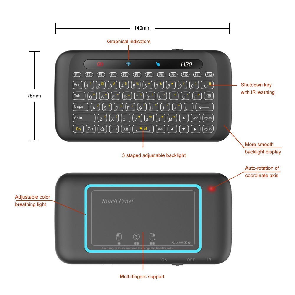 H20 - Mini 2.4GHz Wireless Air Mouse Keyboard with Touch Panel