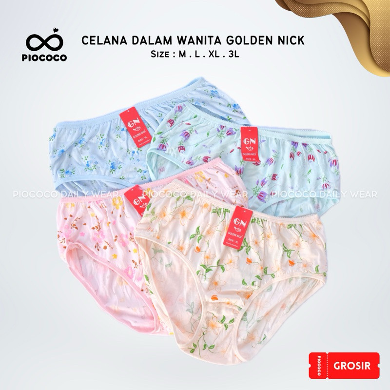 6 PCS Celana Dalam Wanita Golden Nick 937S Motif Bunga CD Cewek Jumbo Sablon Katun Lembut Halus Adem
