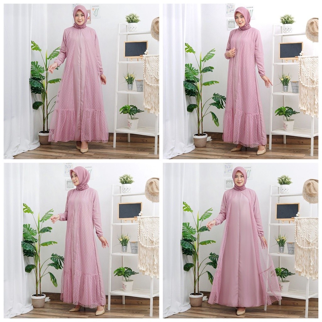 Haliya Tile Dotty Gamis Dress Mosscrepe Mix Tille Dot Maxi Dres Muslim Lebaran Pesta Kondangan Murah